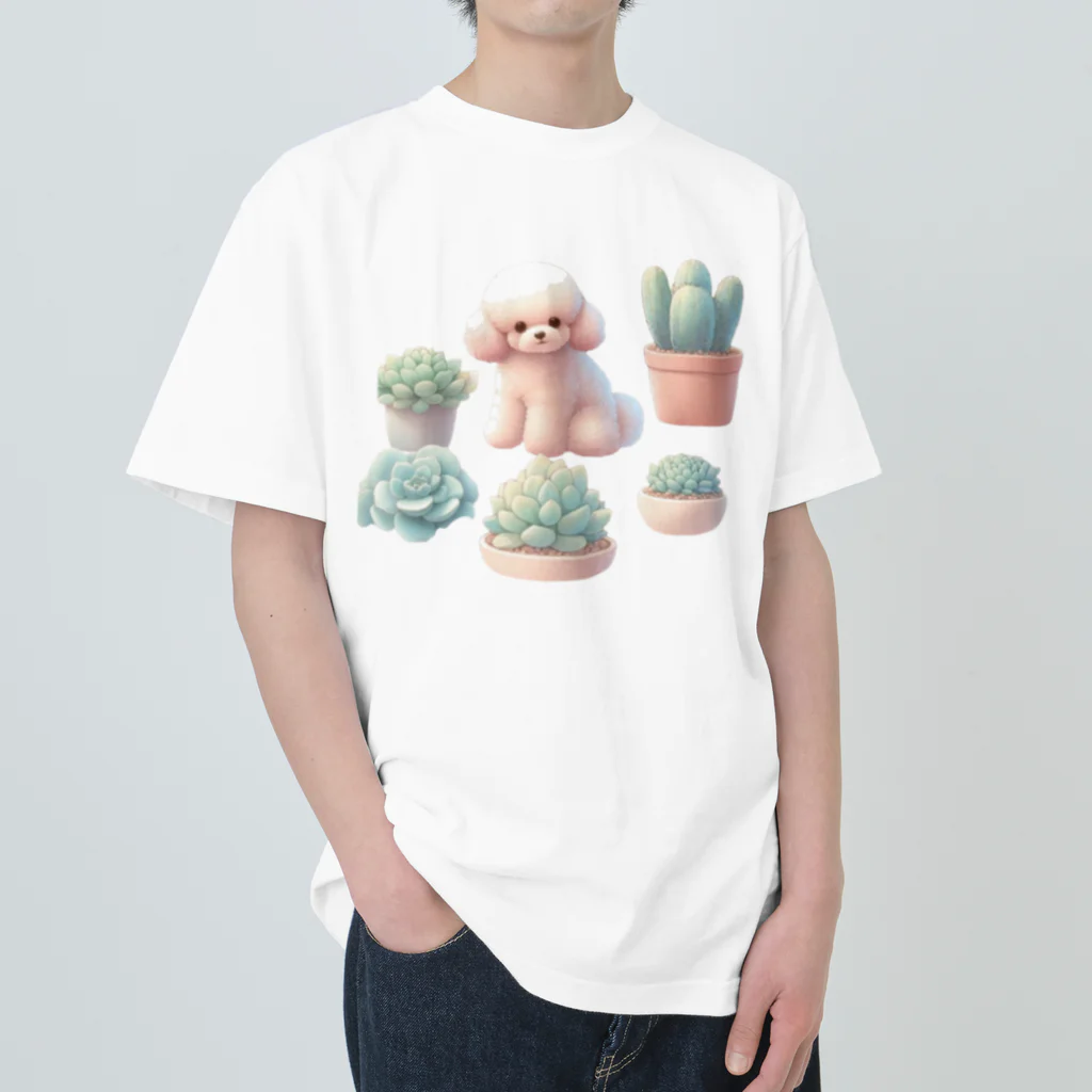 わんにゃんsucculentのトイプーと多肉植物 ヘビーウェイトTシャツ