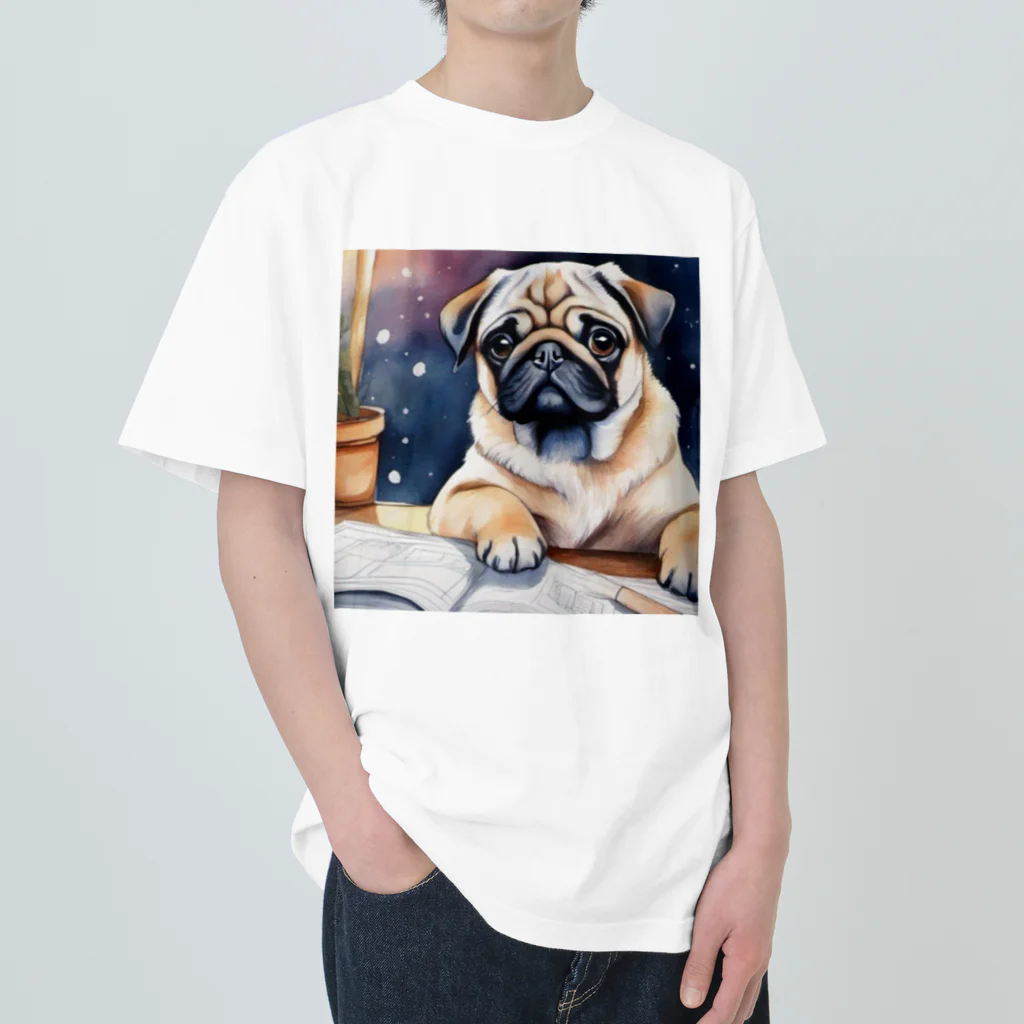 こころやすらぐの水彩子犬　パグ Heavyweight T-Shirt