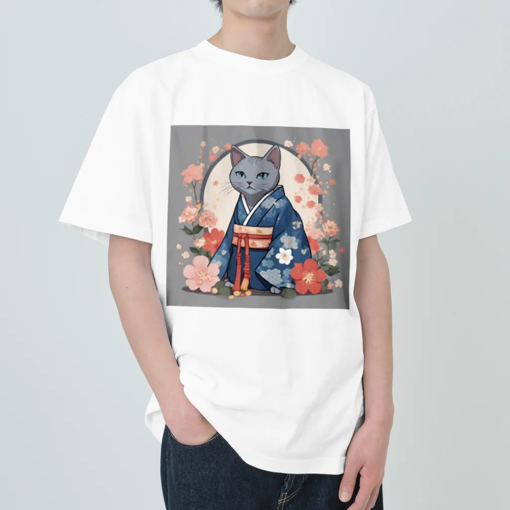 coco_peroのお正月の着物を着たロシアンブルーの猫ちゃんグッズ ヘビーウェイトTシャツ