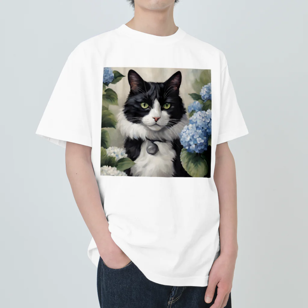 capcat1919のハチワレ猫白黒と紫陽花 ヘビーウェイトTシャツ