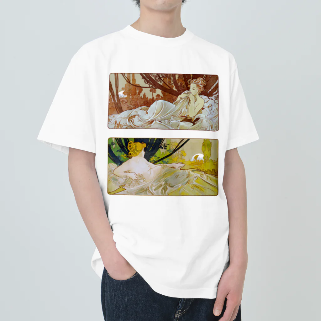 かえる商店の黄昏と曙 by Alfons Mucha ヘビーウェイトTシャツ