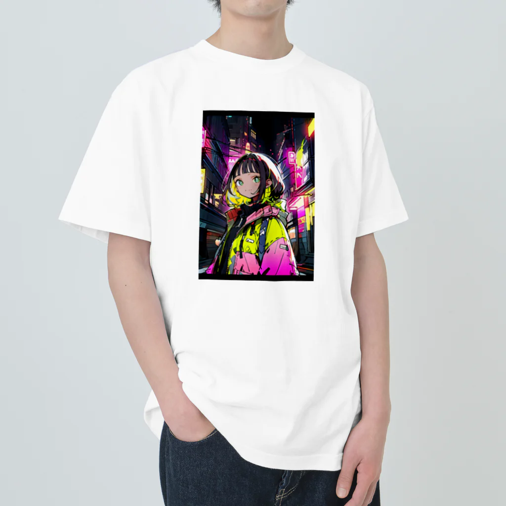 80s pop anime artの夜の都市を背景にべクターイラストガール ヘビーウェイトTシャツ