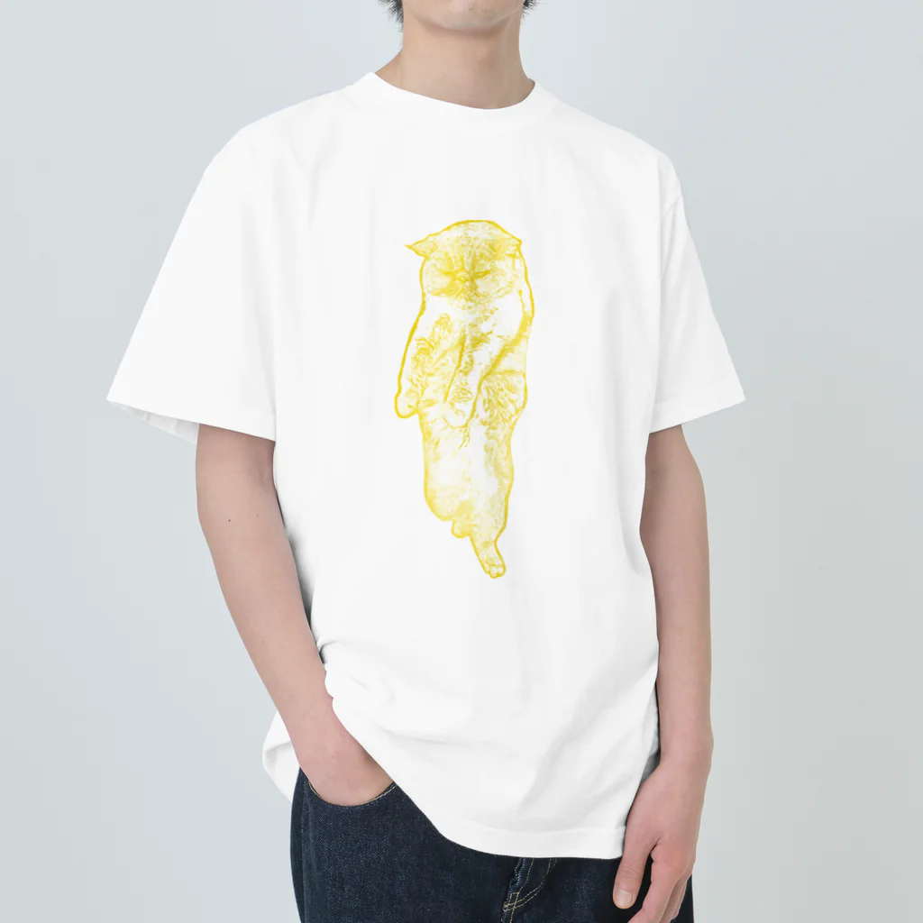 ペッチャリーノ・ヘチマチョフのスタンディング☆ネコ (yellow) ヘビーウェイトTシャツ