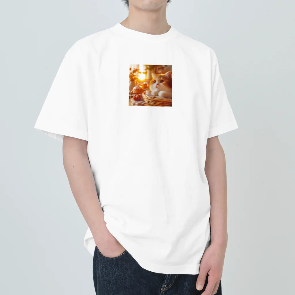 pikaraのかわいい猫と日の出のイラスト ヘビーウェイトTシャツ