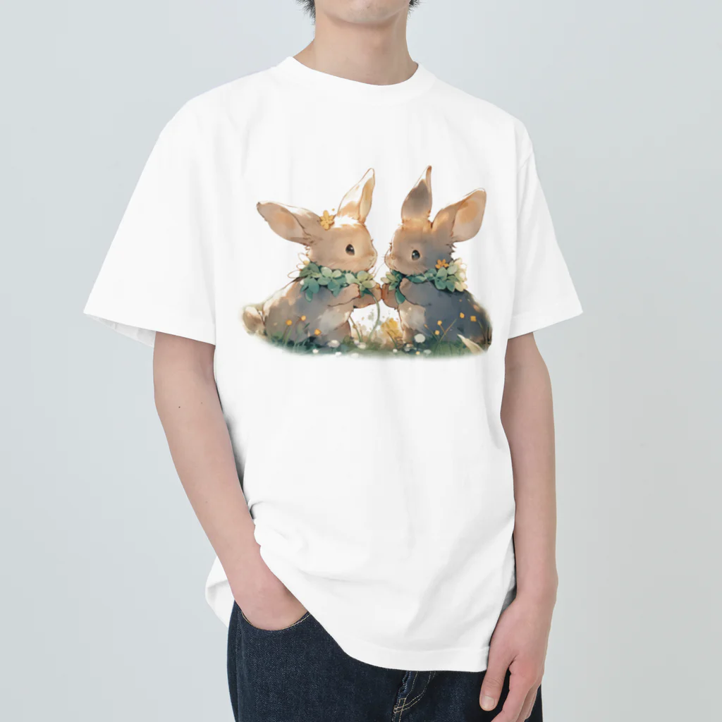 はなうさまほのうさぎとクローバー｡.:*･ﾟ ヘビーウェイトTシャツ