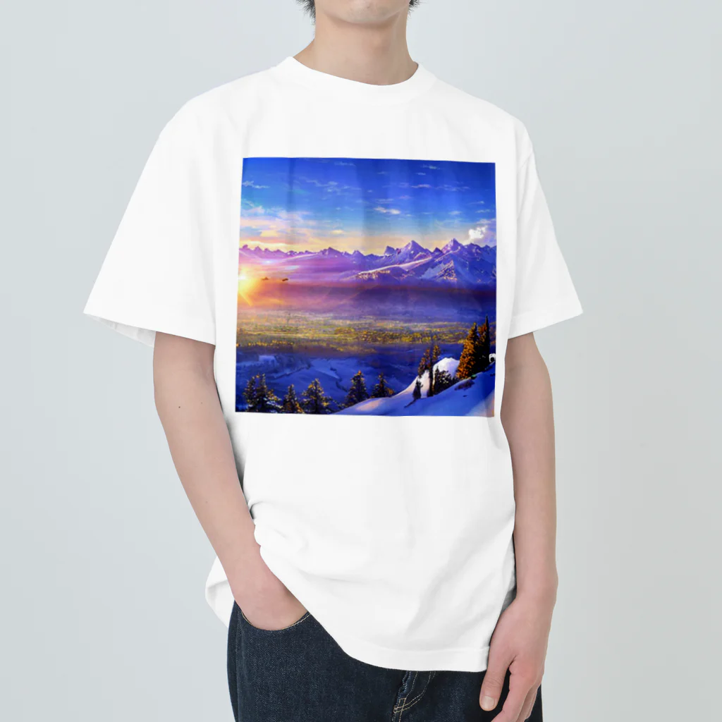 雑貨屋ちぃずの朝日と雪原の風景 ヘビーウェイトTシャツ