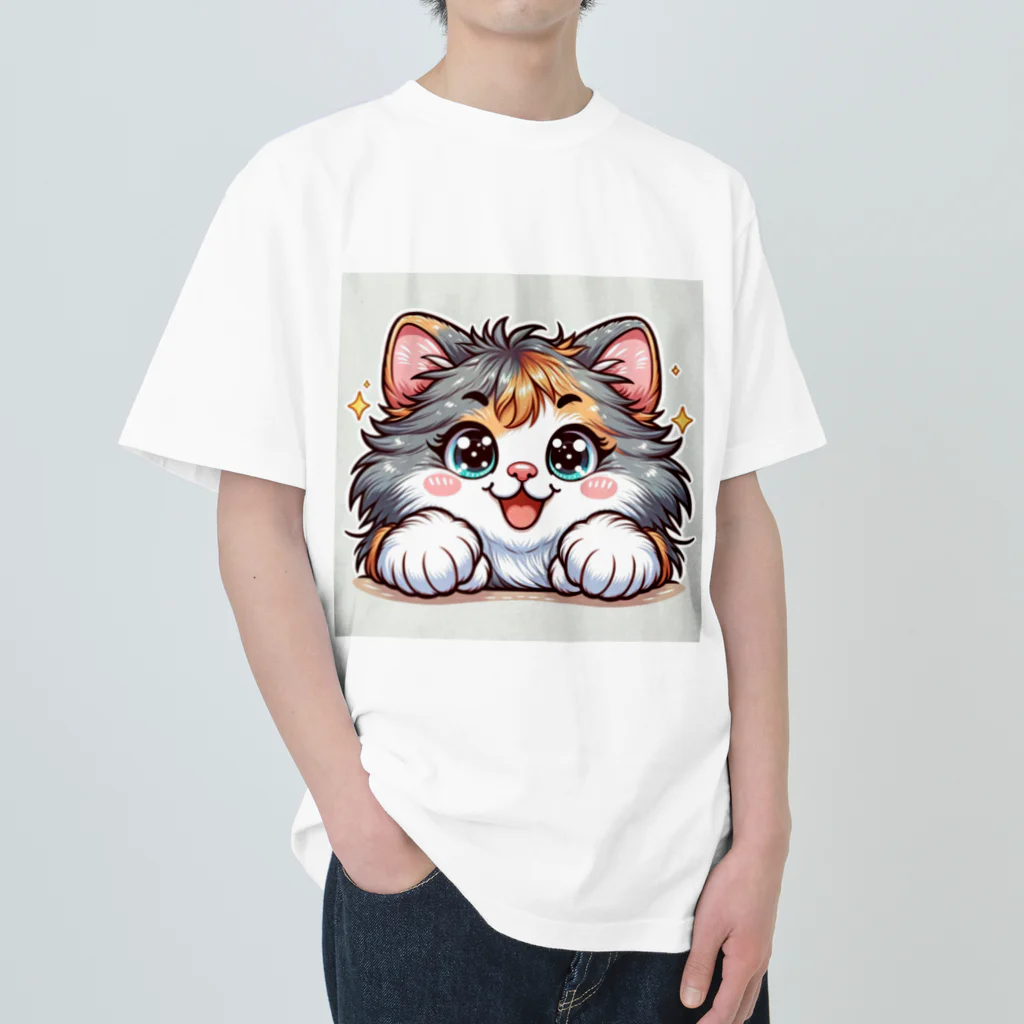 もふもふアニマルズのモフモフ猫ちゃん ヘビーウェイトTシャツ