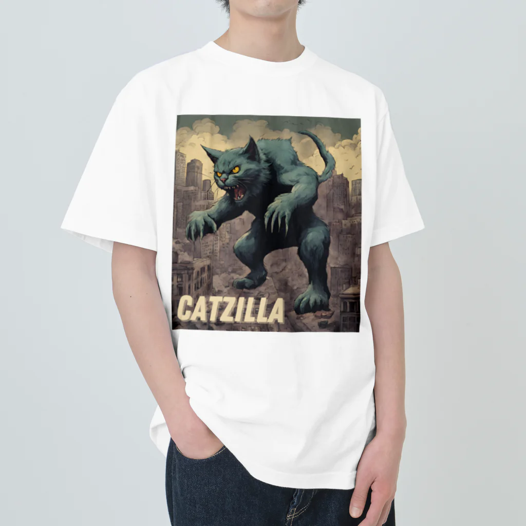 HappyFaceMarketのゴジラになりたい猫 CATZILLA ヘビーウェイトTシャツ