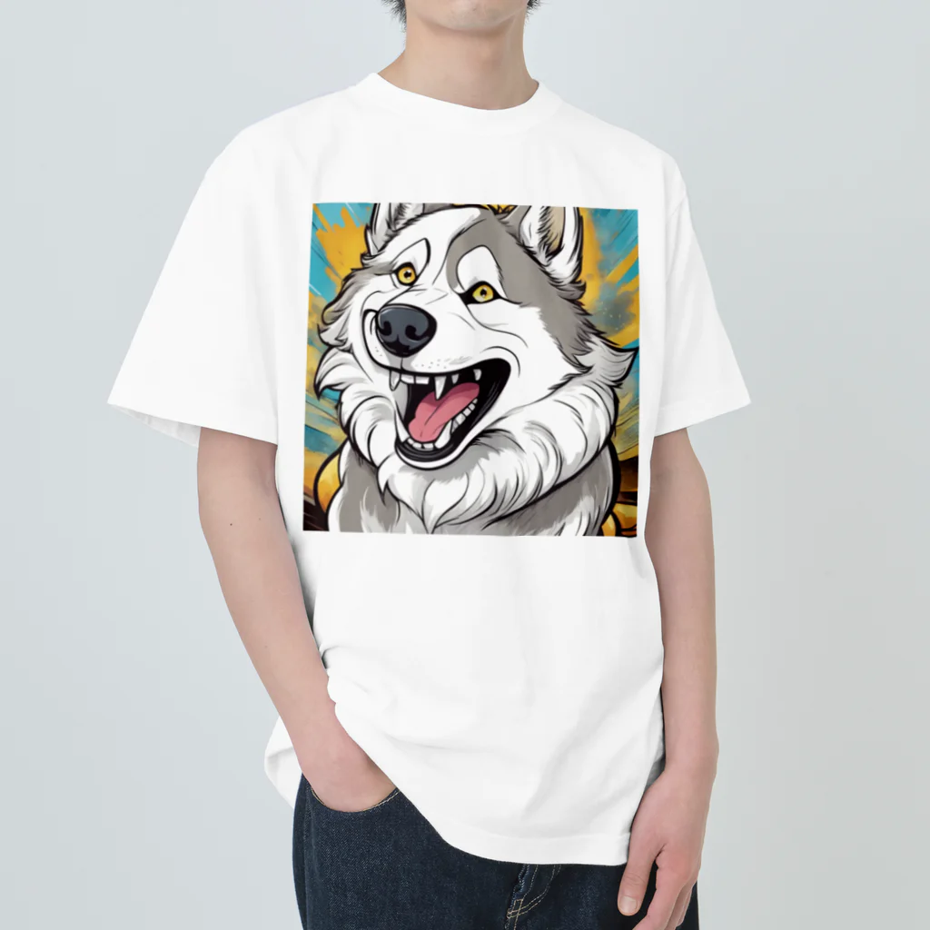 幻のアート侍の笑うハスキー犬 ヘビーウェイトTシャツ