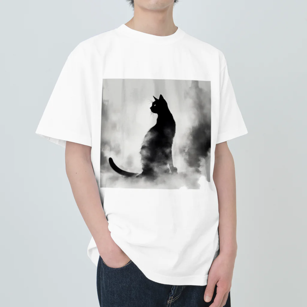 mamachanxxxの謎めいたモノクロねこ ヘビーウェイトTシャツ