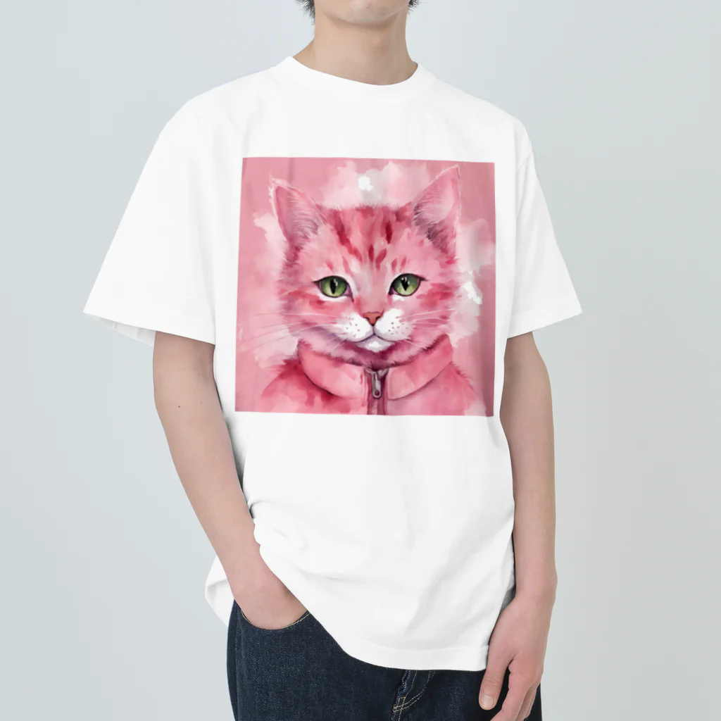 tenchayのピンクキャット ヘビーウェイトTシャツ