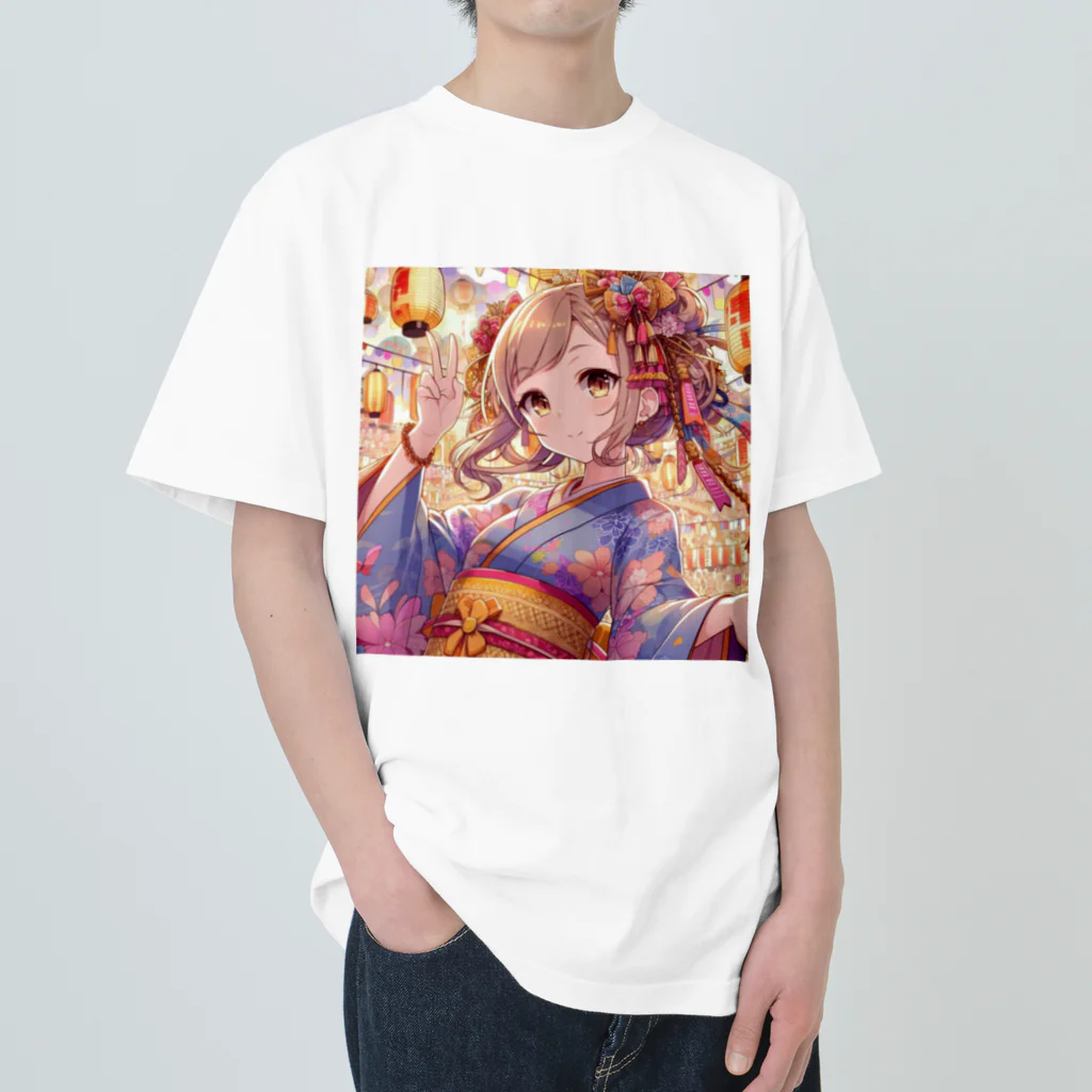 推しの美少女とアイドルのお祭りを楽しむ浴衣美少女 Heavyweight T-Shirt