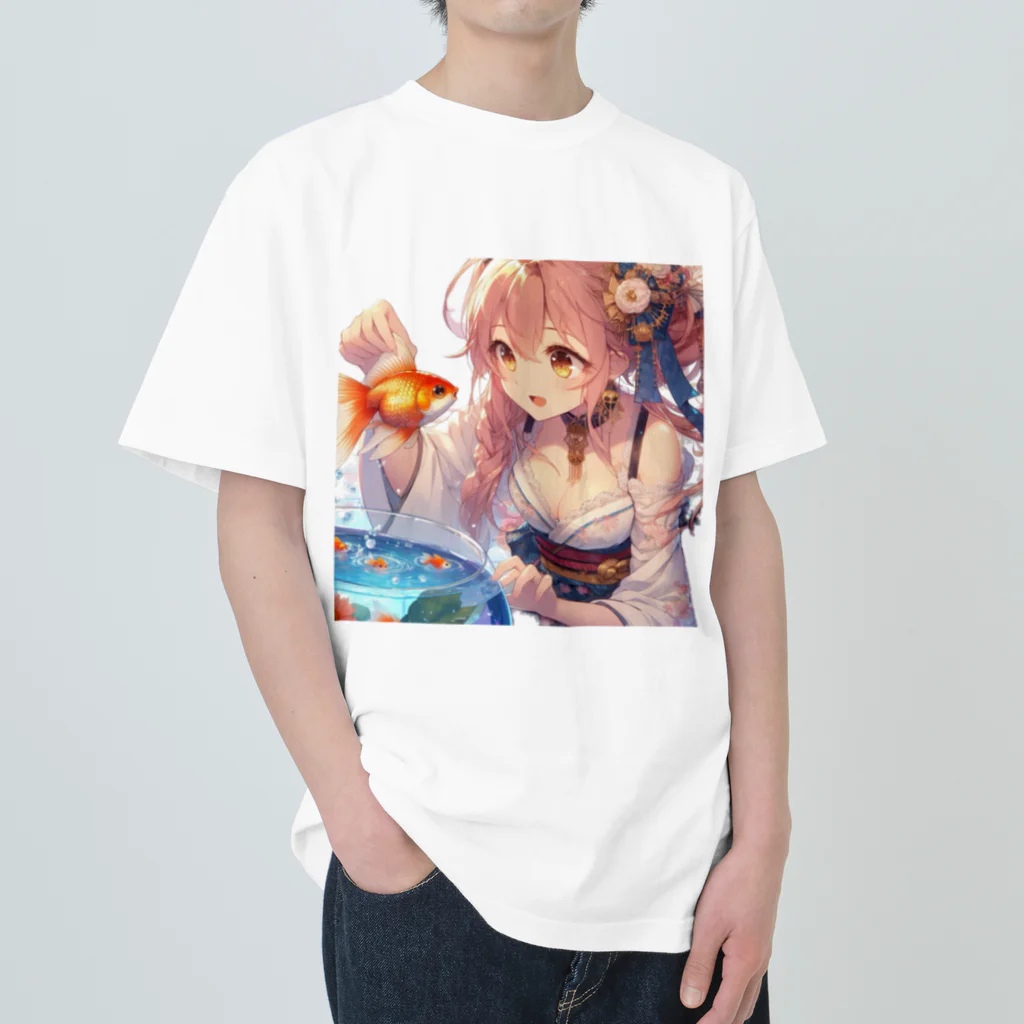 推しの美少女とアイドルの金魚と浴衣姿の女の子 ヘビーウェイトTシャツ