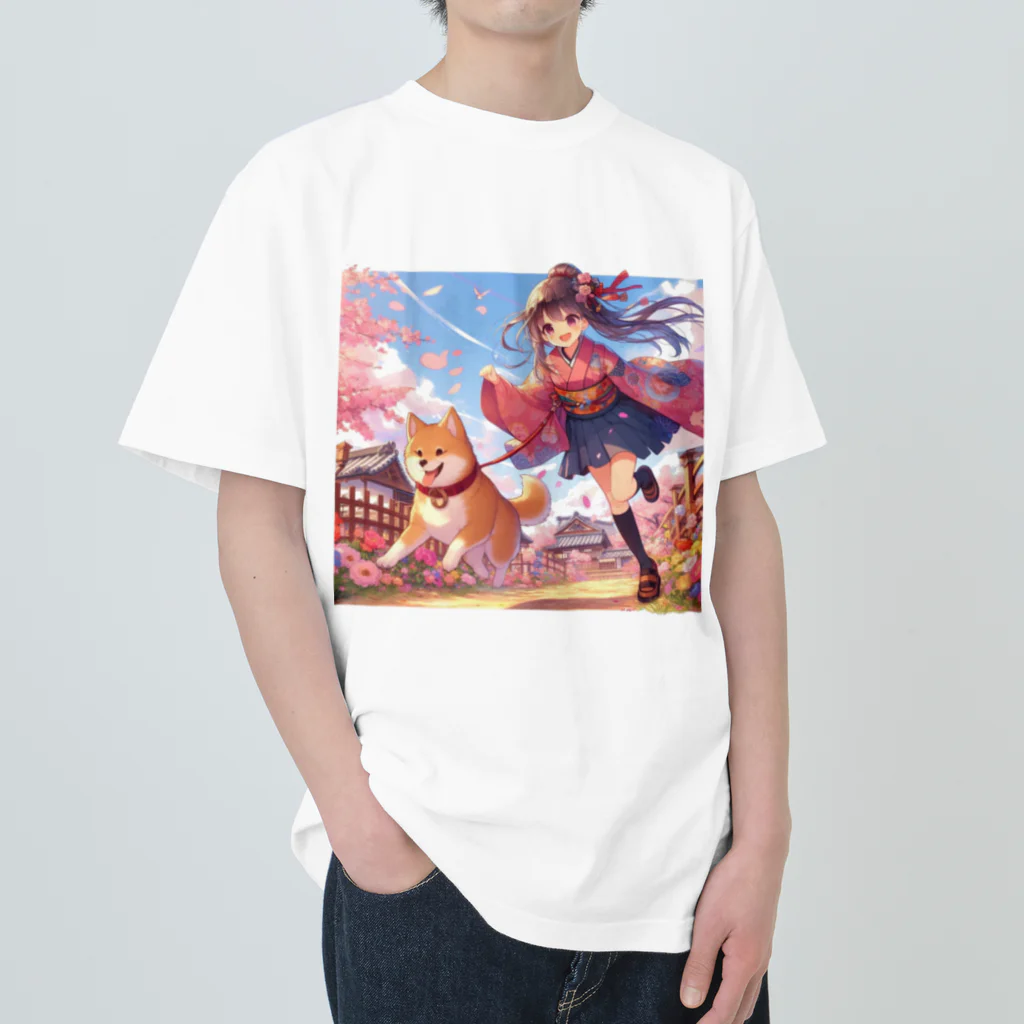 推しの美少女とアイドルの桜の中を犬と走る女の子 ヘビーウェイトTシャツ