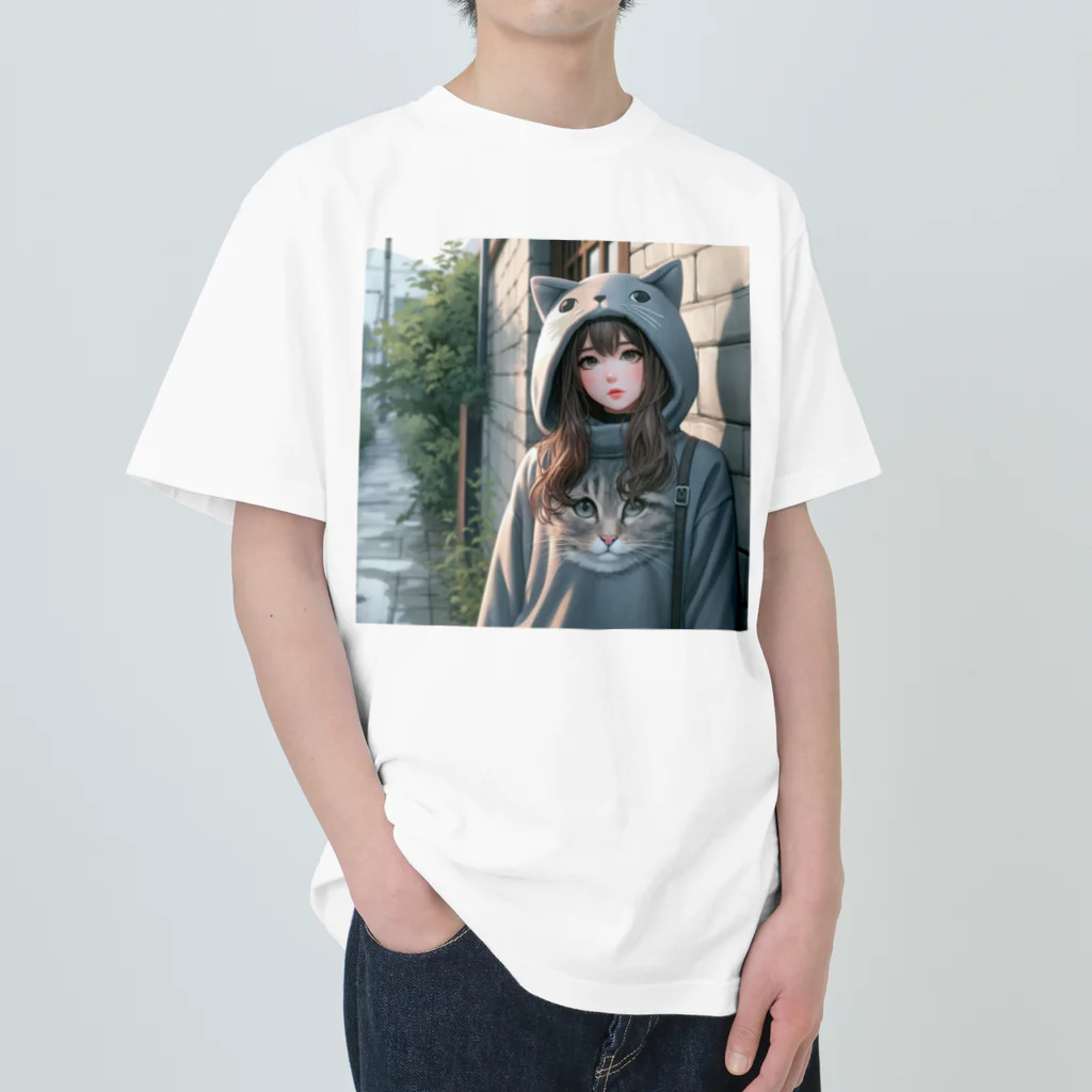 SaltyCookie Design Worksの猫パーカーの女の子(11) Heavyweight T-Shirt