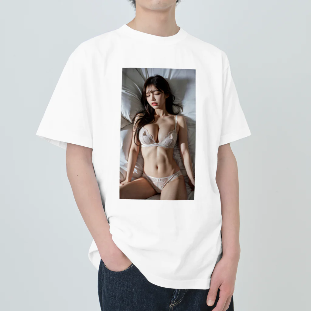 BeautifulLadyCollectionTokyoの恍惚とした表情で目を閉じる、白い下着のAI美女 Heavyweight T-Shirt