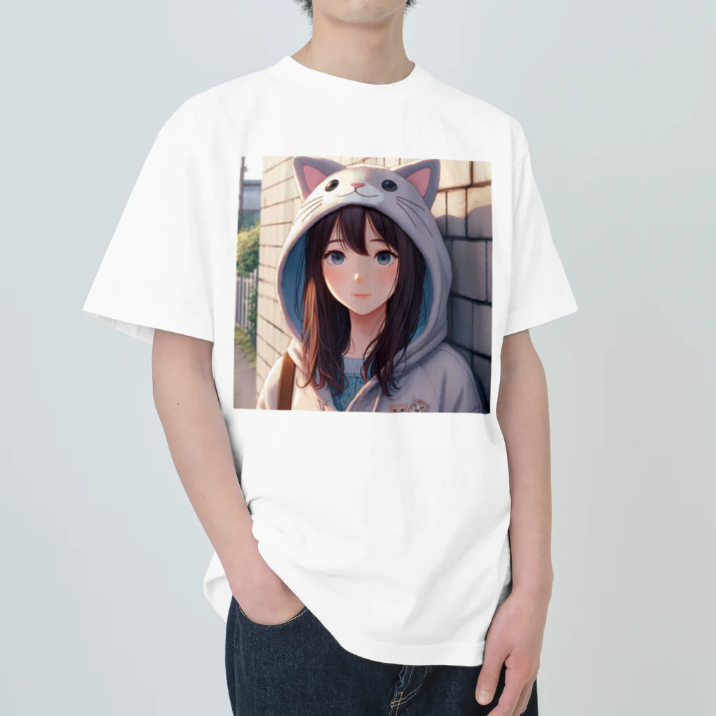 SaltyCookie Design Worksの猫パーカーの女の子(19) Heavyweight T-Shirt