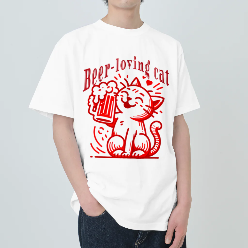 LOVE_BEERのビール大好き猫ちゃん（ビアネコ） ヘビーウェイトTシャツ