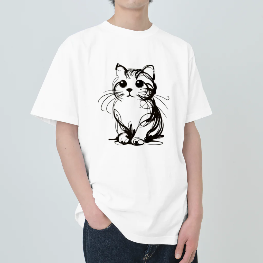 catsの一筆書きで描かれたかわいい猫のイラスト ヘビーウェイトTシャツ