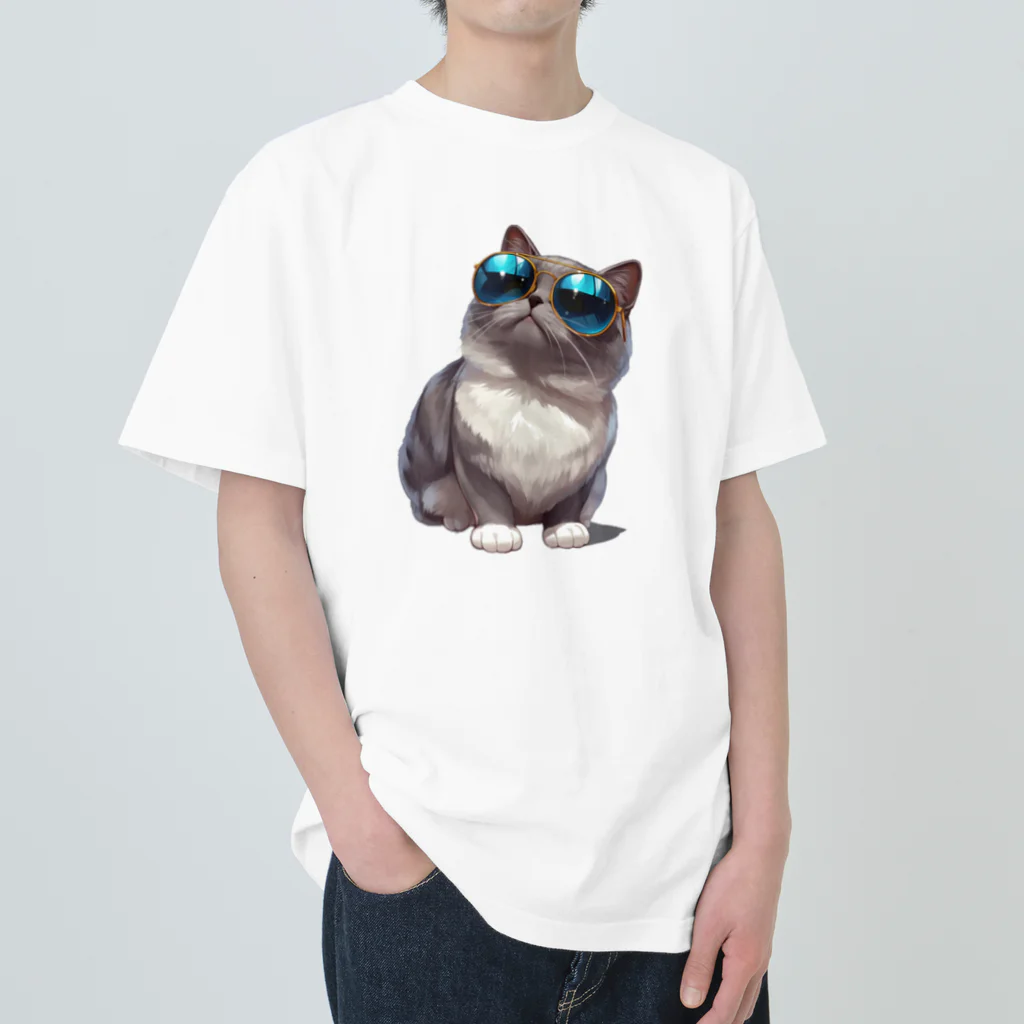 AQUAMETAVERSEのサングラスをかけた、かわいいネコ Marsa 106 ヘビーウェイトTシャツ