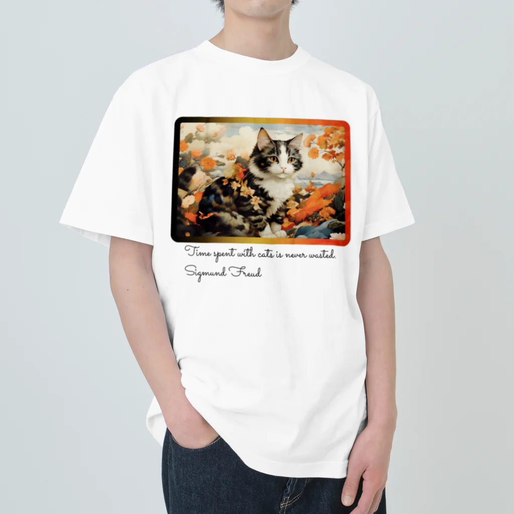 adarahの和風アートと三毛猫 ヘビーウェイトTシャツ