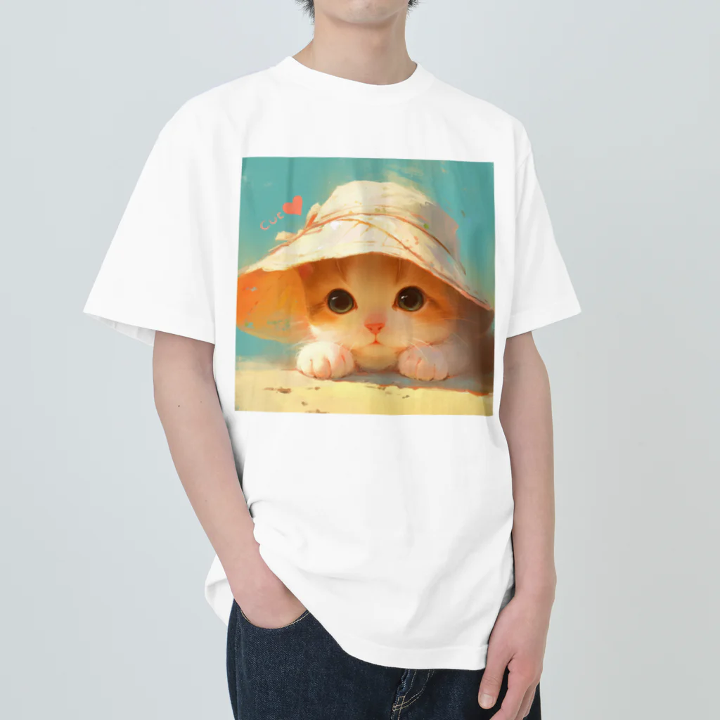 AQUAMETAVERSEの帽子をかぶった可愛い子猫 Marsa 106 ヘビーウェイトTシャツ