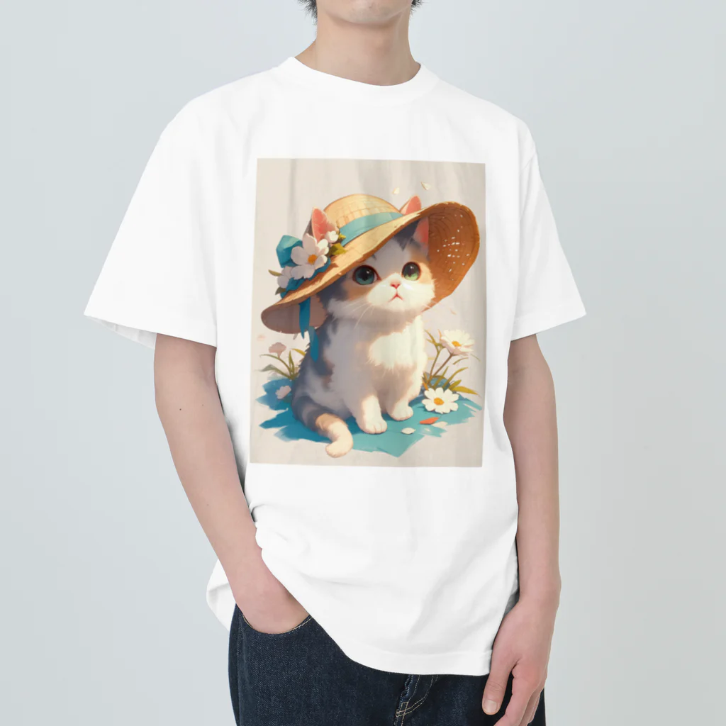 AQUAMETAVERSEの帽子をかぶった可愛い子猫 Marsa 106 ヘビーウェイトTシャツ