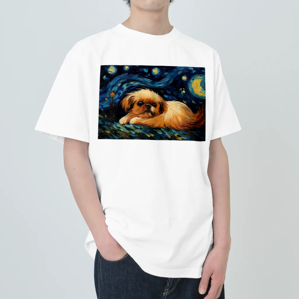 Dog Art Museumの【星降る夜 - ペキニーズ犬の子犬 No.2】 ヘビーウェイトTシャツ