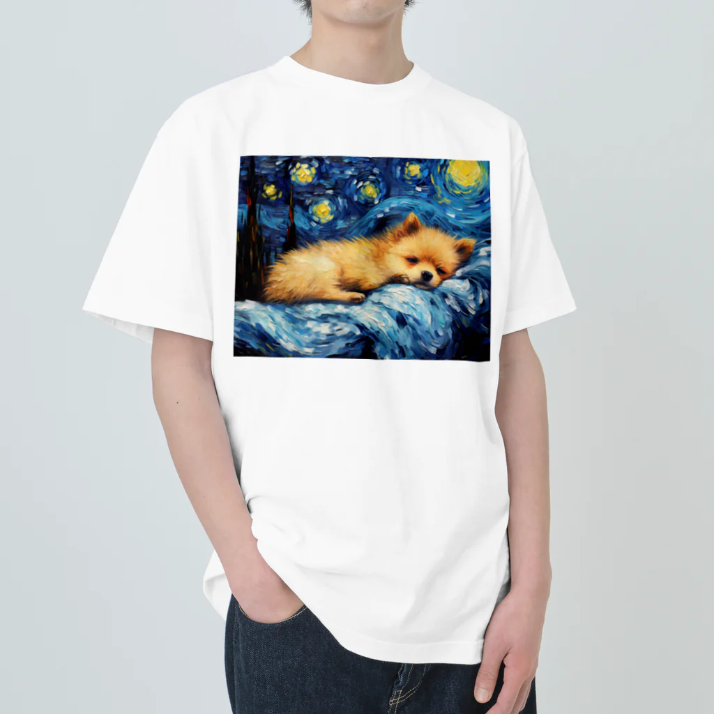 Dog Art Museumの【星降る夜 - ポメラニアン犬の子犬 No.3】 Heavyweight T-Shirt