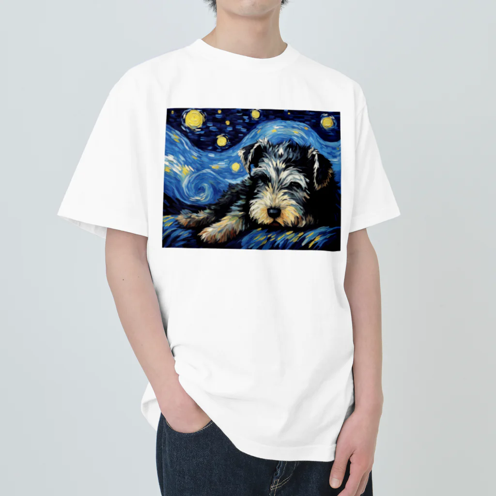 Dog Art Museumの【星降る夜 - シュナウザー犬の子犬 No.3】 Heavyweight T-Shirt