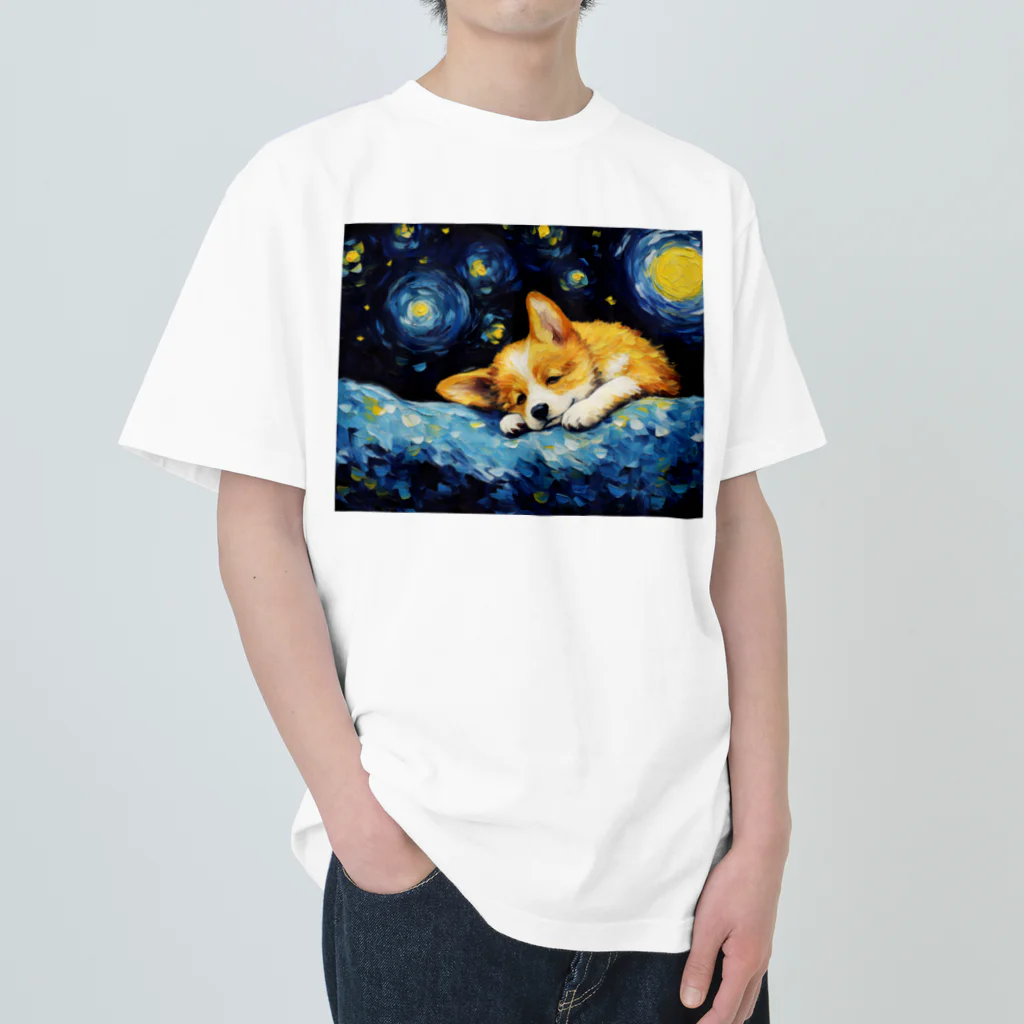 Dog Art Museumの【星降る夜 - ウェルシュコーギー犬の子犬 No.3】 Heavyweight T-Shirt