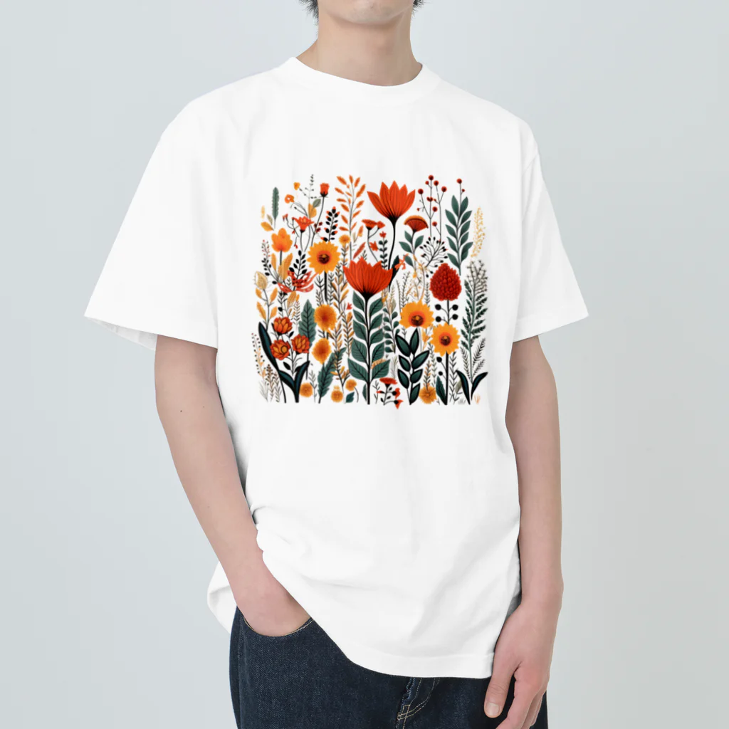 Grazing Wombatのヴィンテージなボヘミアンスタイルの花柄　Vintage Bohemian-style floral pattern ヘビーウェイトTシャツ