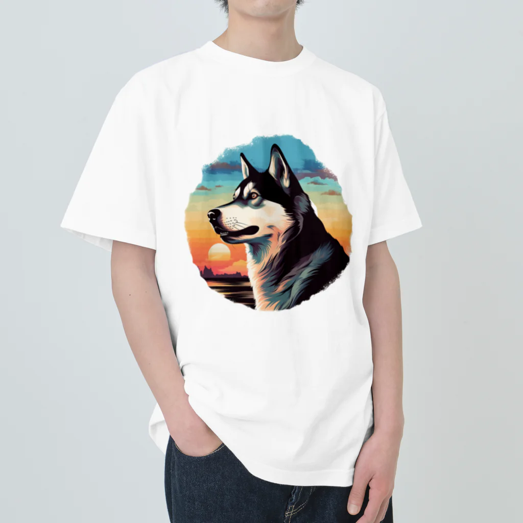 dogsdream8246のシベリアンハスキーと夕日 ヘビーウェイトTシャツ