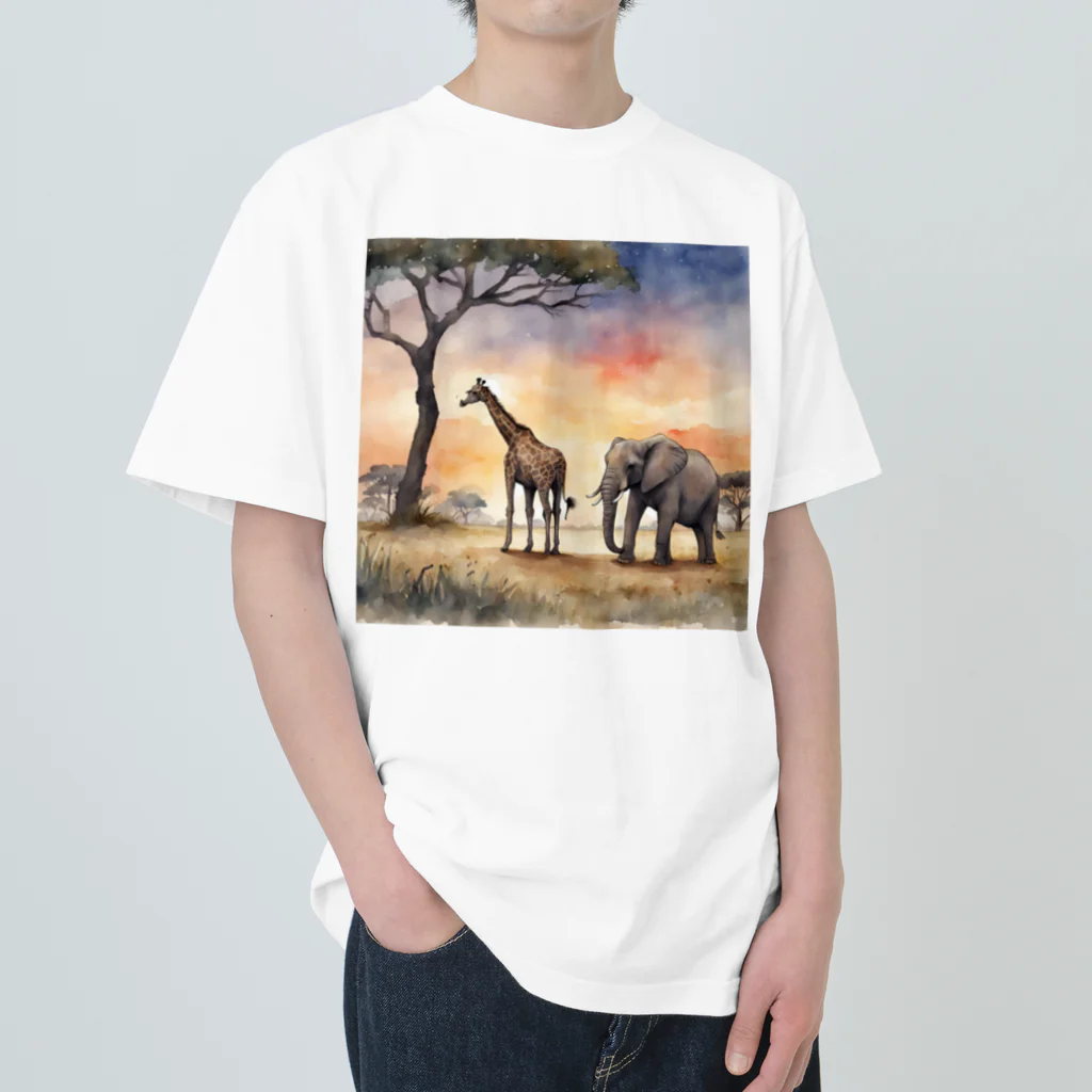 かるるんショップのサバンナのとある日の風景　シリーズ　凸凹コンビ Heavyweight T-Shirt