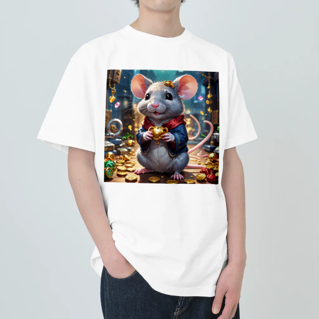 Fujimishokaiのかわいいネズミが、キュートなしっぽをふりふり♪ ヘビーウェイトTシャツ