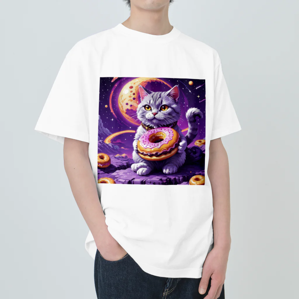 メロンパン猫の土星でドーナツ食べたい ヘビーウェイトTシャツ