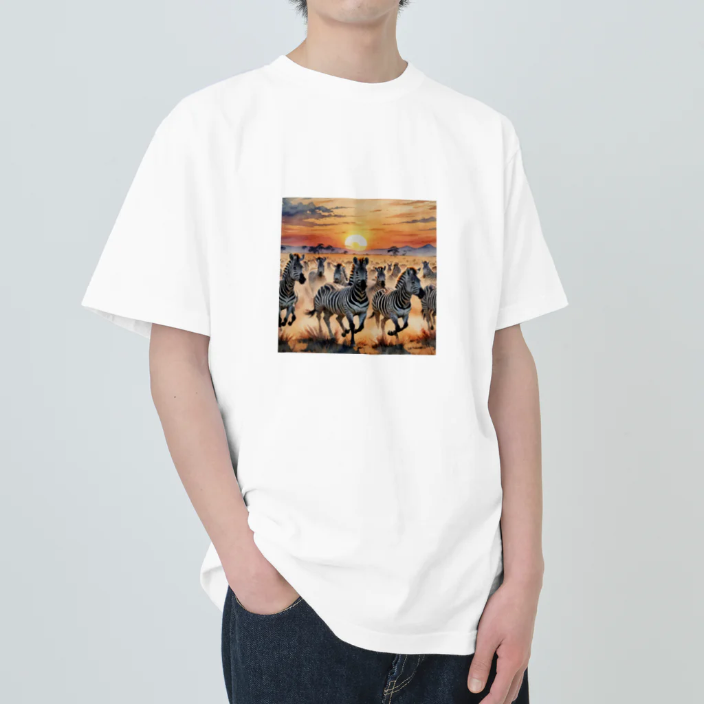 nigihayahiの夕焼けを走るシマウマ Heavyweight T-Shirt