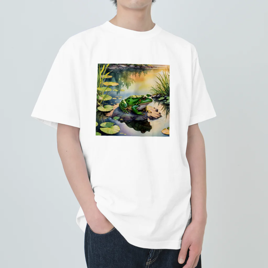 nigihayahiの池のほとりに座るカエル ヘビーウェイトTシャツ