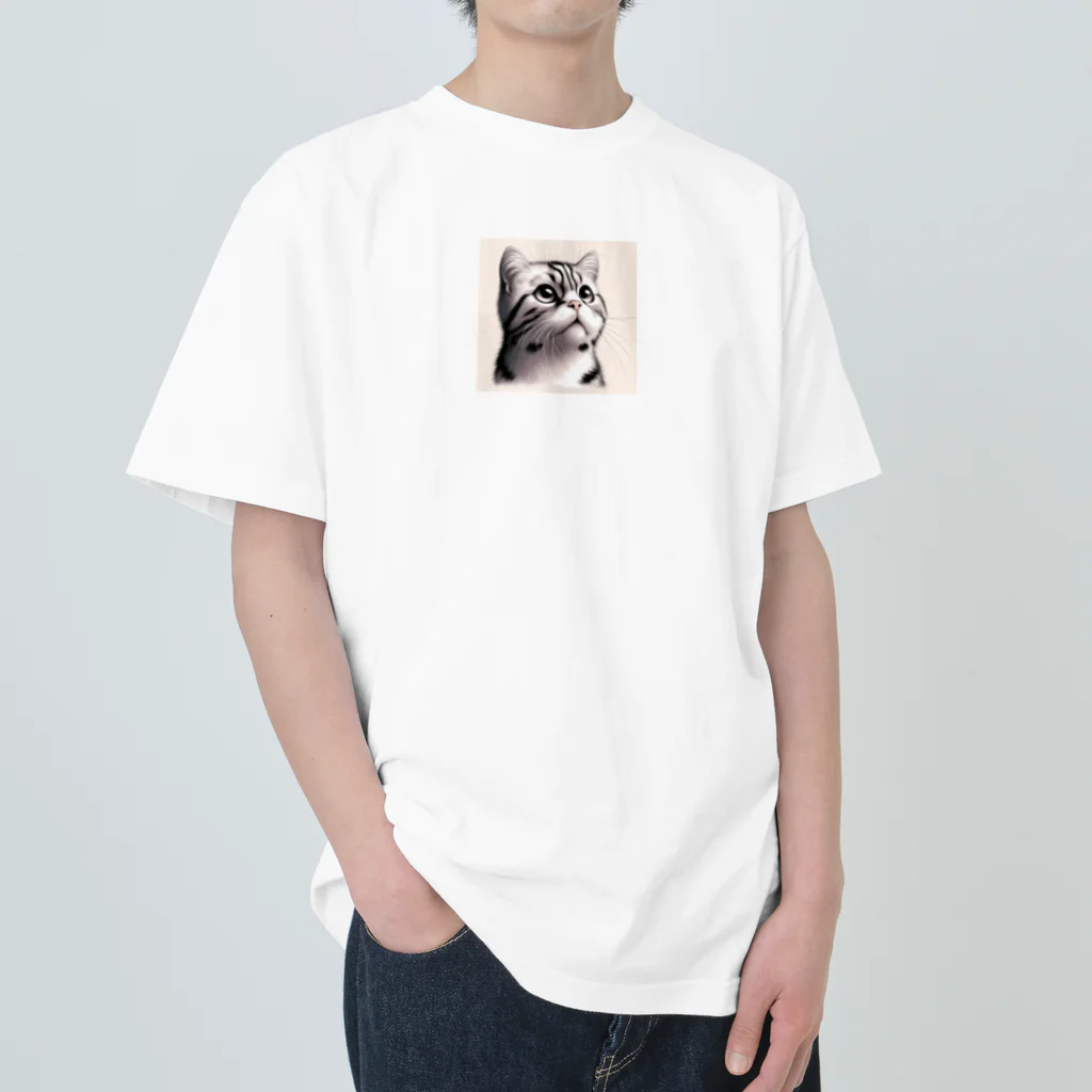 獣医学生の高橋さんの斜め上を見る猫 ヘビーウェイトTシャツ