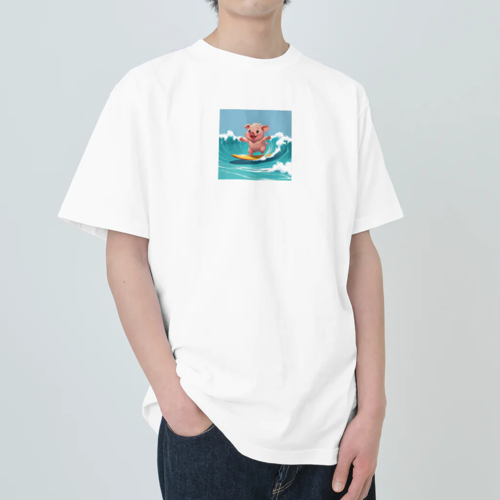 ganeshaのかわいいブタのサーフィンウェーブ Heavyweight T-Shirt