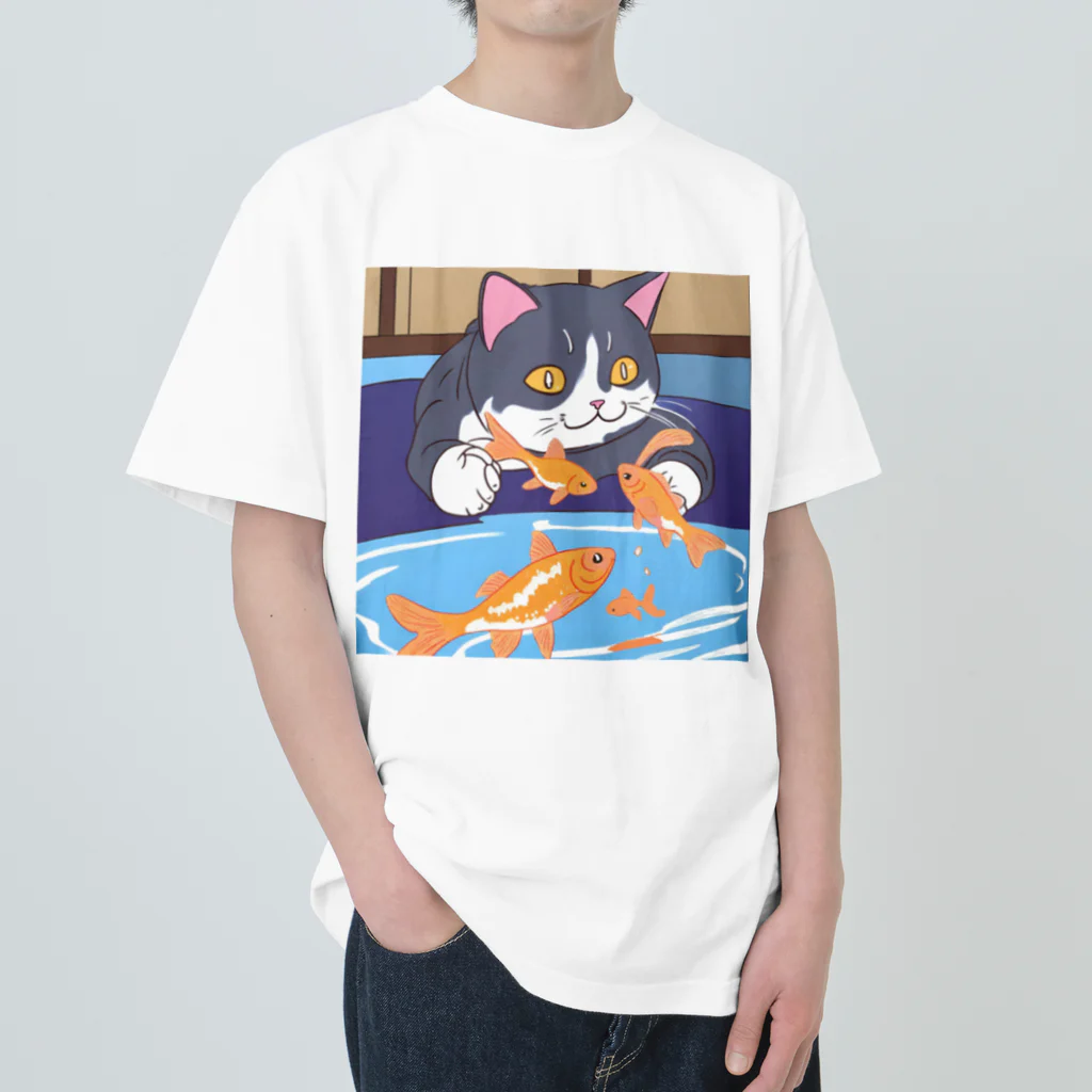 Chama's shopの猫と金魚 ヘビーウェイトTシャツ