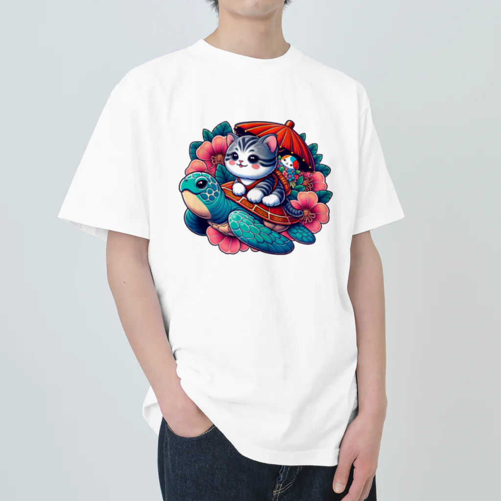 SOU＆SOUの亀乗り子猫 Heavyweight T-Shirt