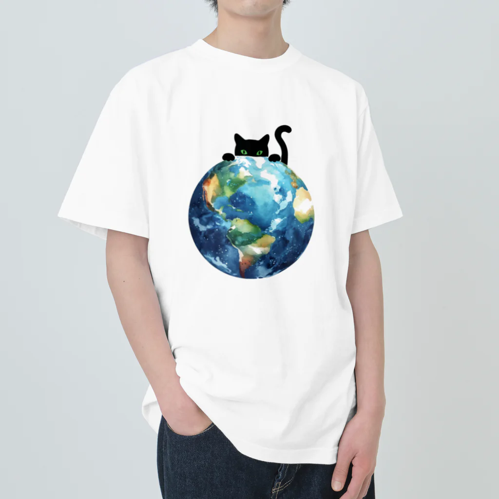 amecatsの地球と黒猫 ヘビーウェイトTシャツ