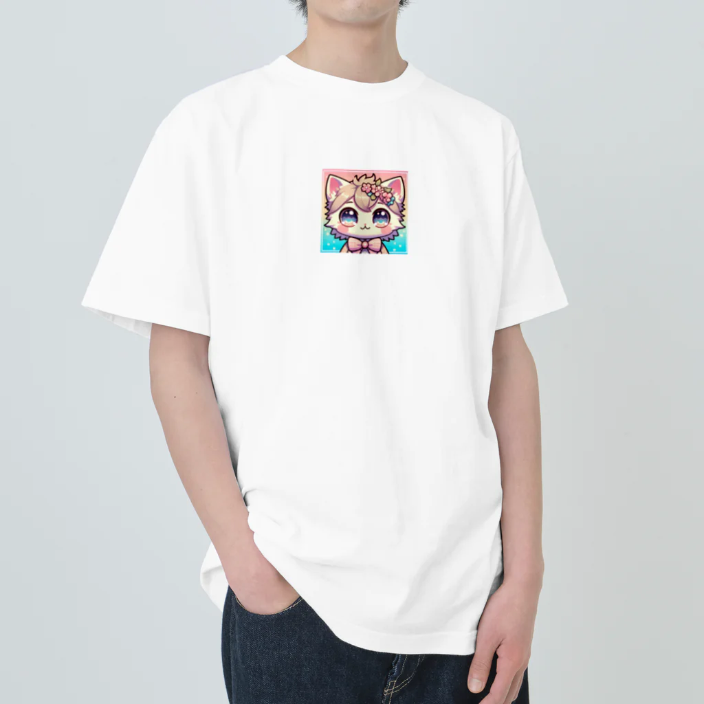 キュート＆クールのアニメ調・花ねこ ヘビーウェイトTシャツ