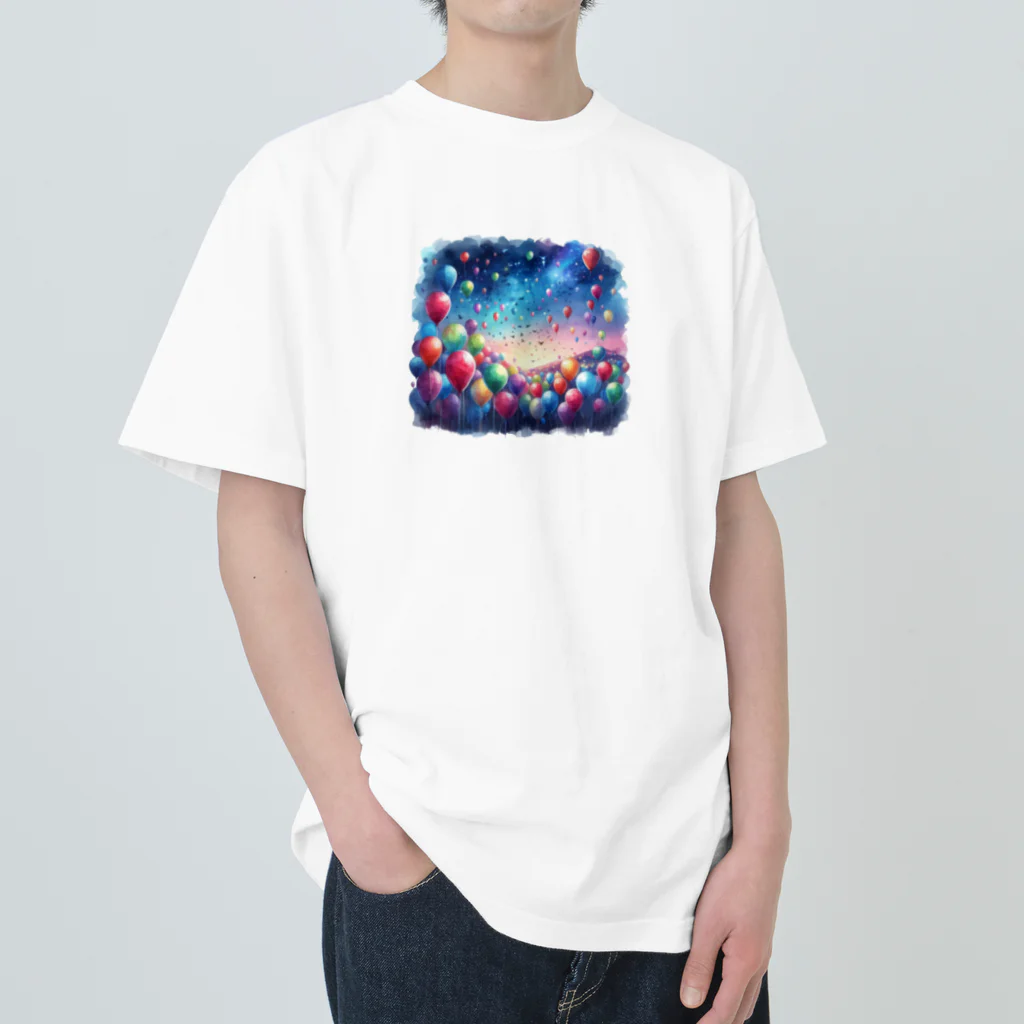 momonekokoのカラフルな風船が浮かぶ風景 ヘビーウェイトTシャツ