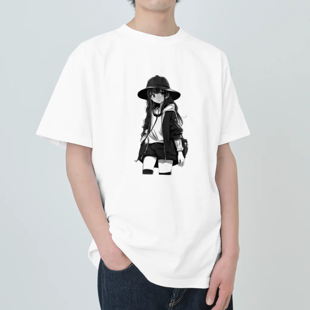 モノクロ美少女の悲しみ美少女モノクロ ヘビーウェイトTシャツ