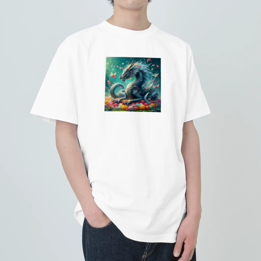 nico251の鮮やかの花々とドラゴン ヘビーウェイトTシャツ