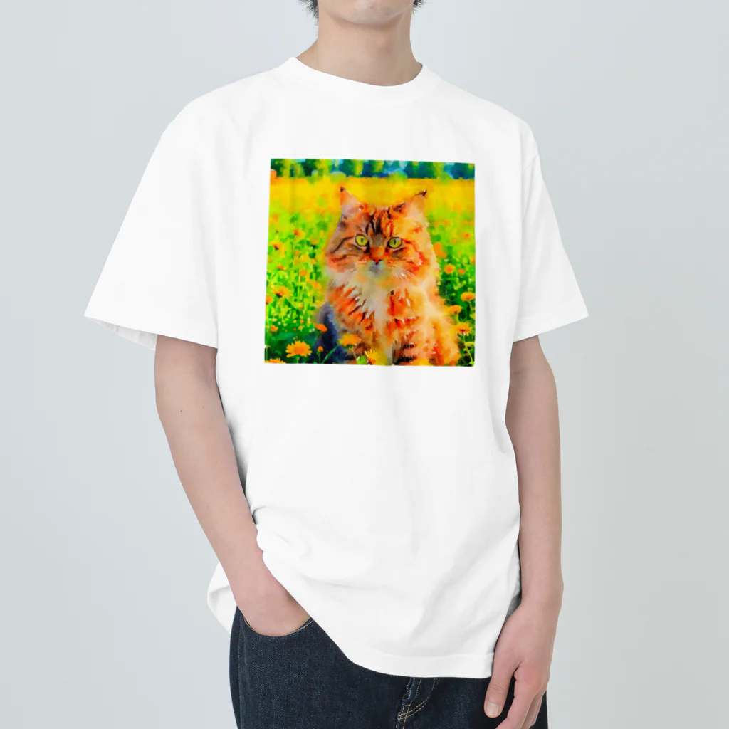 猫好きの谷の猫の水彩画/花畑のサイベリアンねこのイラスト/キジトラネコ Heavyweight T-Shirt