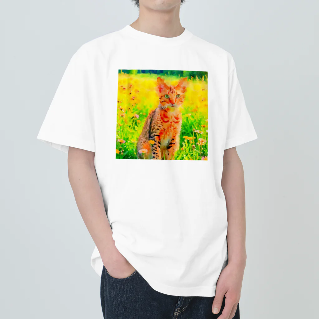 猫好きの谷の猫の水彩画/花畑のオシキャットねこのイラスト/キジトラネコ Heavyweight T-Shirt