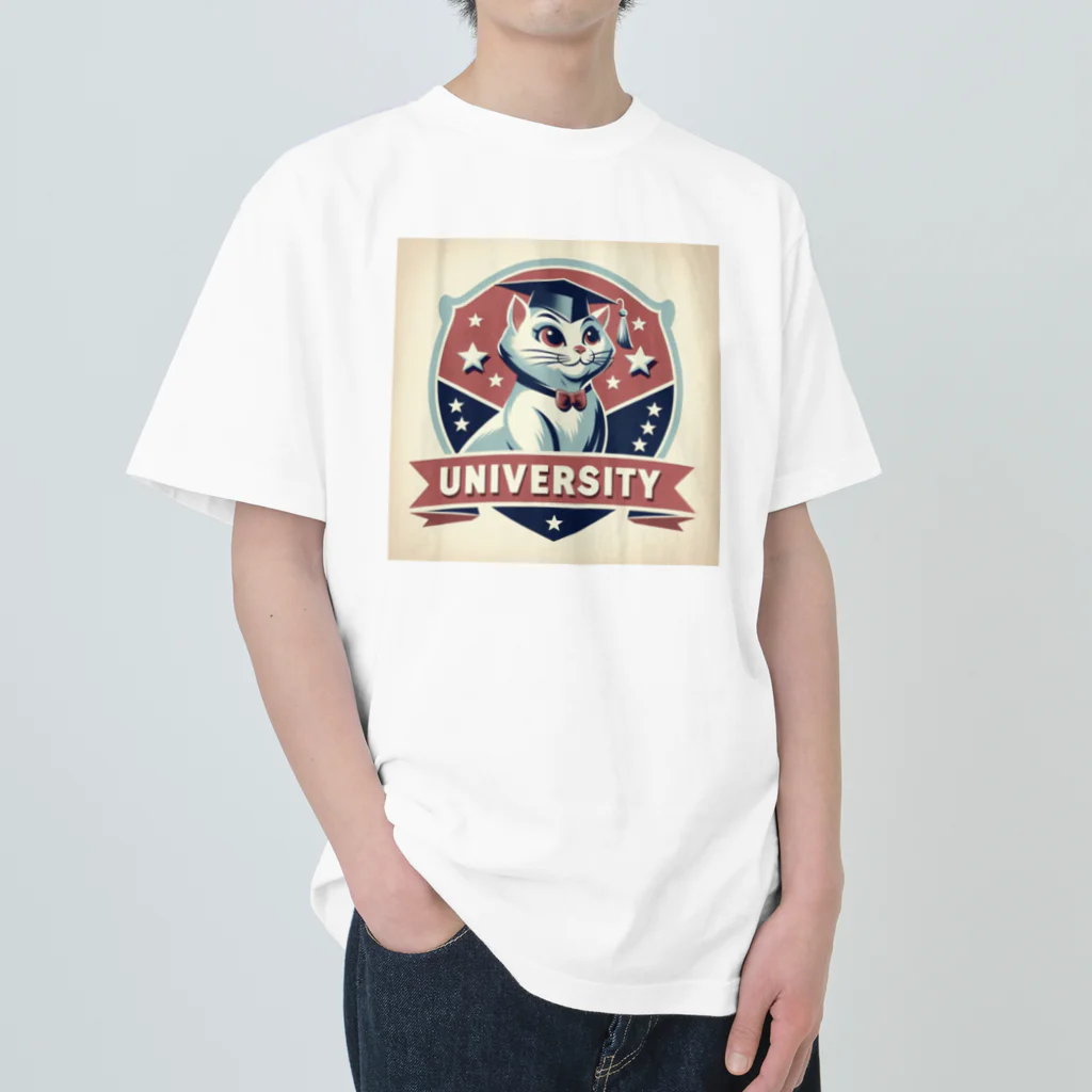 猫猫’ズのMeow University シリーズ【白猫】 Heavyweight T-Shirt